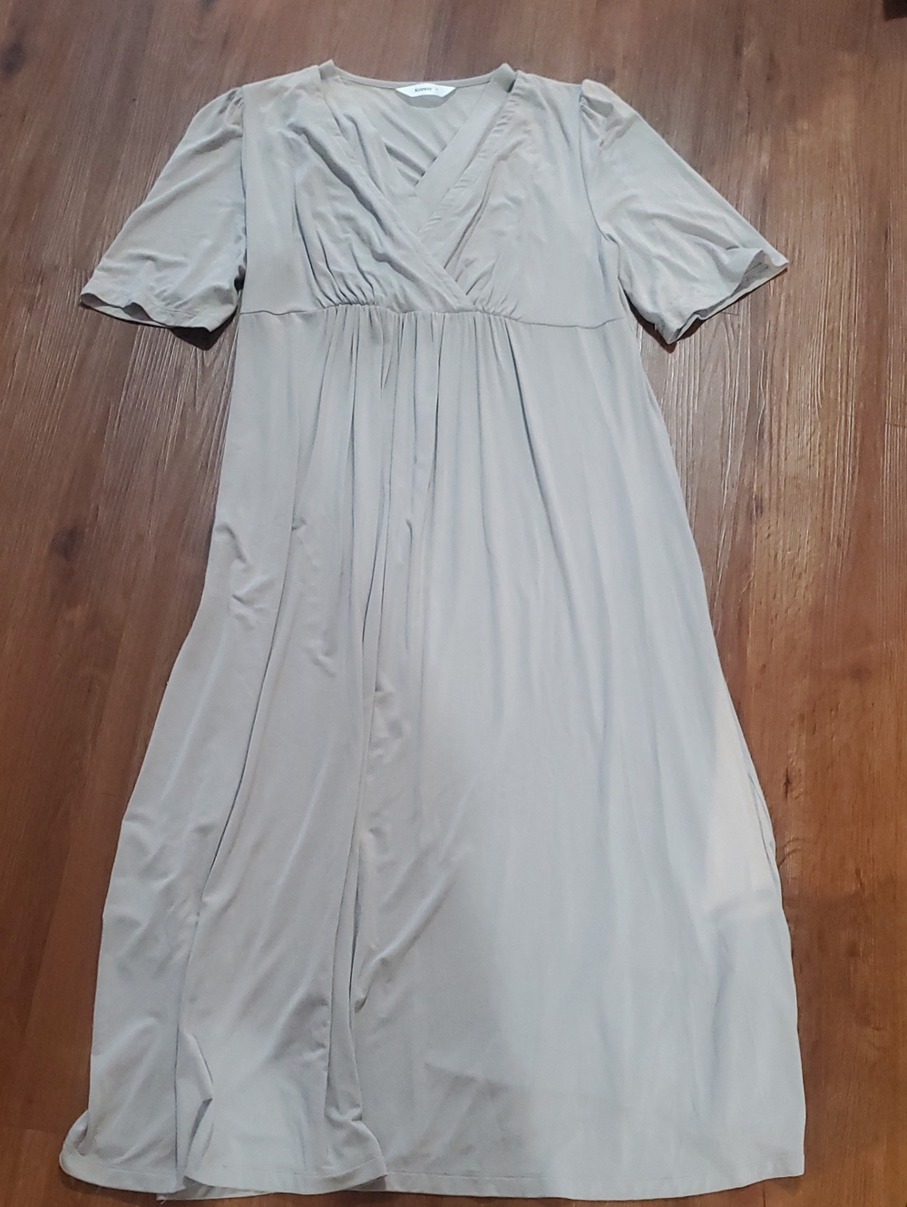Women's Beige Midi Dress - Neutral V-Neck Empire Waist